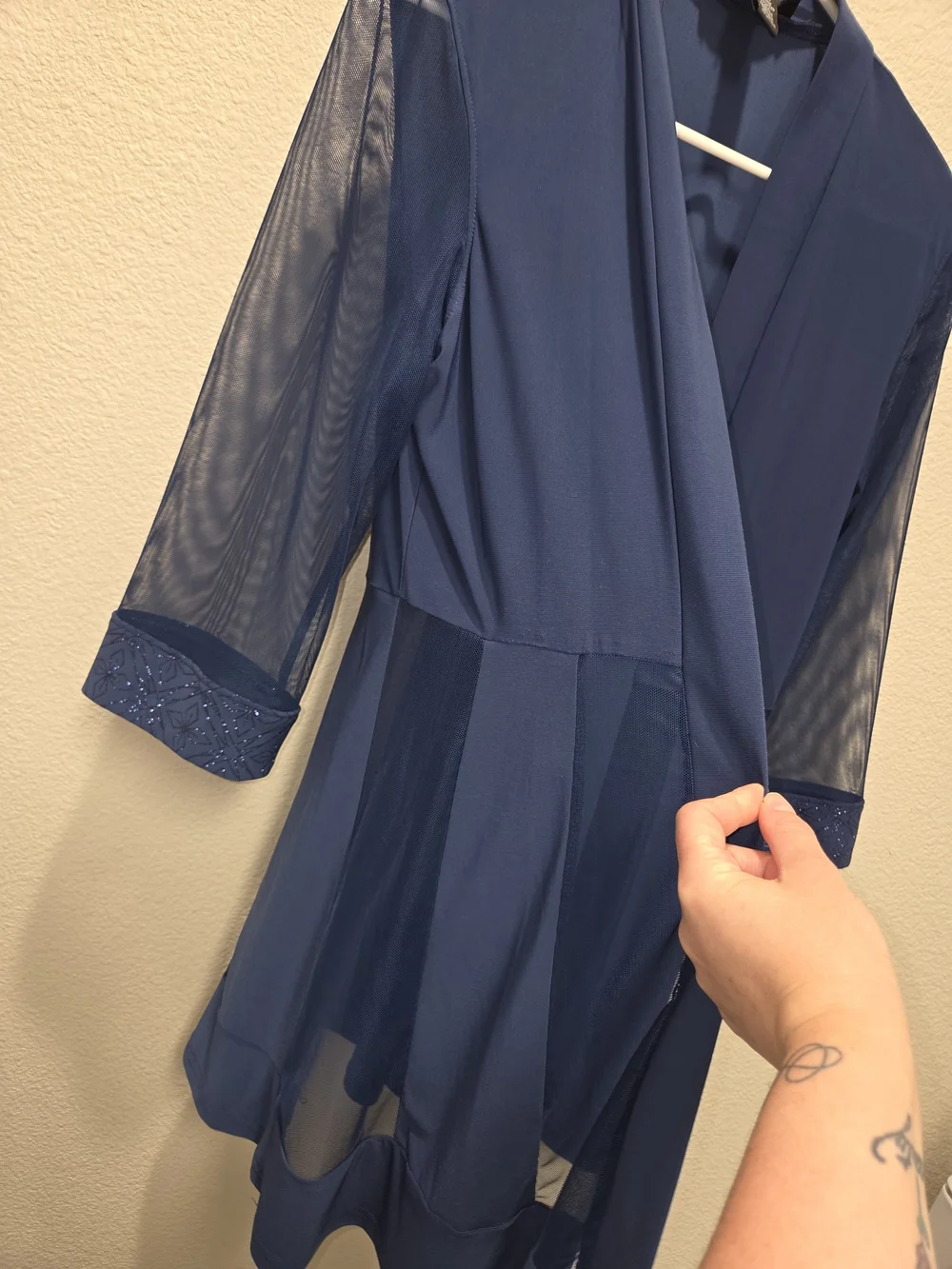 R&M Richards Navy Sheer Kimono Robe with Beaded Cuffs
